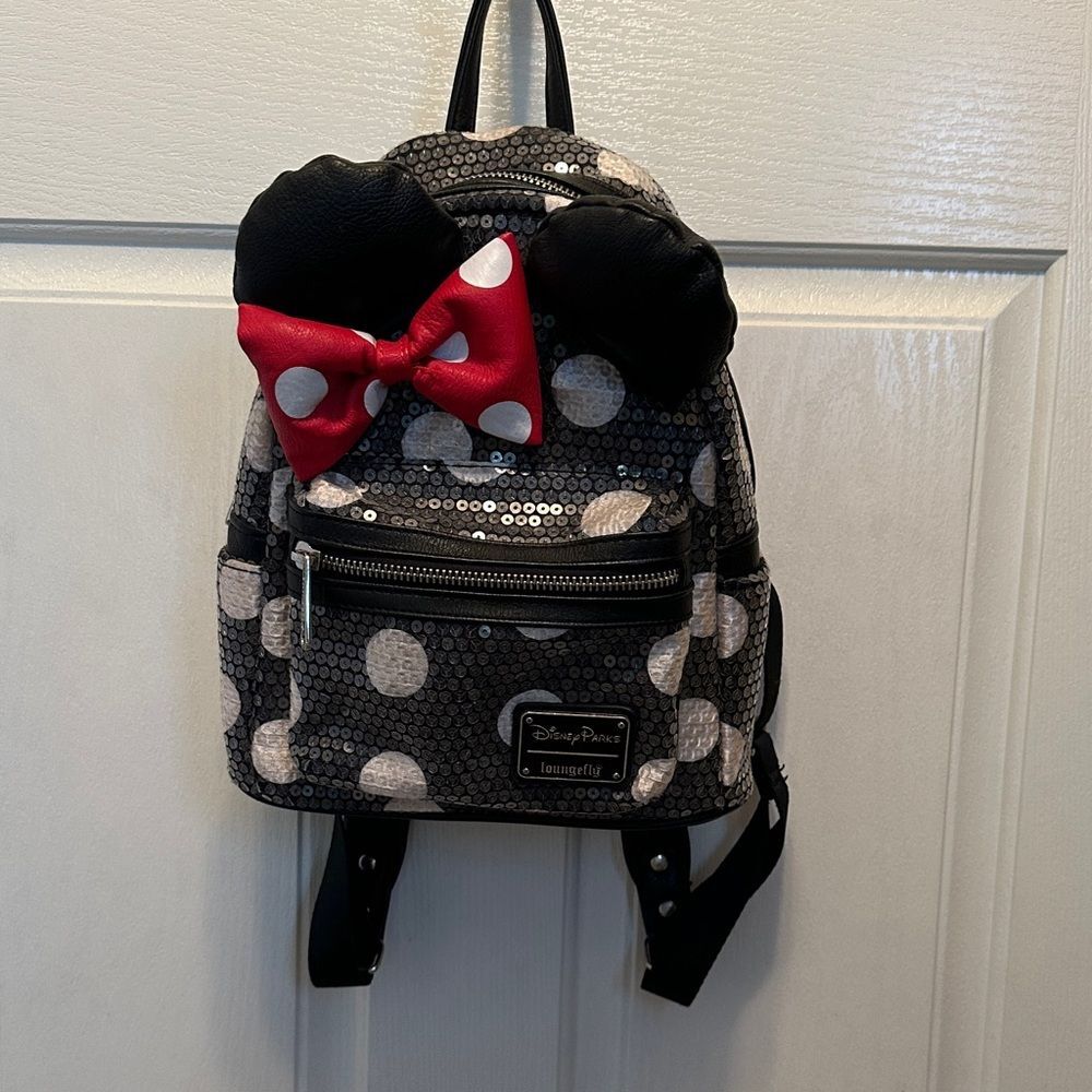 Disney Parks Loungefly Minnie Mouse Sequin Polka Dot Backpack with red bow